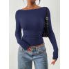imagePRETTYGARDEN Long Sleeve Shirts for Women 2025 Fall Ruched Sides Boat Neck Basic Tee Casual Fitted Ribbed Knit Crop TopsNavy Blue