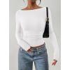 imagePRETTYGARDEN Long Sleeve Shirts for Women 2025 Fall Ruched Sides Boat Neck Basic Tee Casual Fitted Ribbed Knit Crop TopsWhite
