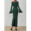 imagePRETTYGARDEN Womens Bodycon Maxi Dress Fall Fashion 2025 Long Bell Sleeve Ruched Fitted Elegant Cocktail Party Slit DressesDark Green