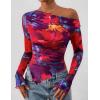 imagePRETTYGARDEN Womens Fall Trendy Off Shoulder Y2k Tops 2025 Tie Dye Mesh Long Sleeve Shirts Asymmetrical Ruched Floral BlouseFloral Navy Red