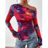 imagePRETTYGARDEN Womens Fall Trendy Off Shoulder Y2k Tops 2025 Tie Dye Mesh Long Sleeve Shirts Asymmetrical Ruched Floral BlouseFloral Navy Red