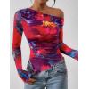 imagePRETTYGARDEN Womens Fall Trendy Off Shoulder Y2k Tops 2025 Tie Dye Mesh Long Sleeve Shirts Asymmetrical Ruched Floral BlouseFloral Navy Red