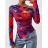 imagePRETTYGARDEN Womens Fall Trendy Off Shoulder Y2k Tops 2025 Tie Dye Mesh Long Sleeve Shirts Asymmetrical Ruched Floral BlouseFloral Navy Red