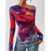 imagePRETTYGARDEN Womens Fall Trendy Off Shoulder Y2k Tops 2025 Tie Dye Mesh Long Sleeve Shirts Asymmetrical Ruched Floral BlouseFloral Navy Red