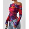 imagePRETTYGARDEN Womens Fall Trendy Off Shoulder Y2k Tops 2025 Tie Dye Mesh Long Sleeve Shirts Asymmetrical Ruched Floral BlouseFloral Navy Red