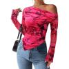 imagePRETTYGARDEN Womens Fall Trendy Off Shoulder Y2k Tops 2025 Tie Dye Mesh Long Sleeve Shirts Asymmetrical Ruched Floral BlouseFloral Rose Red