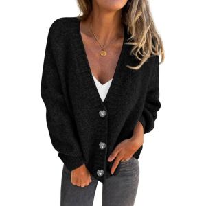 imagePRETTYGARDEN Cardigan Sweaters for Women Trendy Fall 2025 Long Sleeve Button Down Oversized Chunky Knit Sweater OuterwearBlack