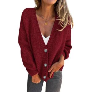 imagePRETTYGARDEN Cardigan Sweaters for Women Trendy Fall 2025 Long Sleeve Button Down Oversized Chunky Knit Sweater OuterwearWine Red