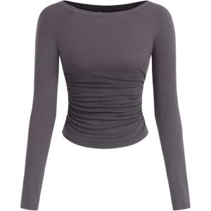 imagePRETTYGARDEN Long Sleeve Shirts for Women 2025 Fall Ruched Sides Boat Neck Basic Tee Casual Fitted Ribbed Knit Crop TopsDark Grey
