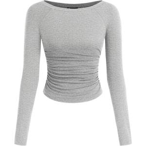 imagePRETTYGARDEN Long Sleeve Shirts for Women 2025 Fall Ruched Sides Boat Neck Basic Tee Casual Fitted Ribbed Knit Crop TopsGrey
