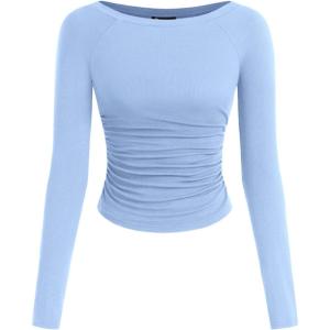 imagePRETTYGARDEN Long Sleeve Shirts for Women 2025 Fall Ruched Sides Boat Neck Basic Tee Casual Fitted Ribbed Knit Crop TopsLight Blue