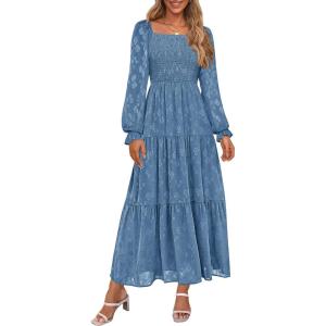 imagePRETTYGARDEN Womens 2025 Fall Floral Midi Dress Long Sleeve Smocked A Line Long Flowy Elegant Wedding Guest DressesBlue