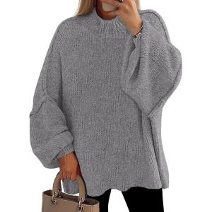 imagePRETTYGARDEN Womens 2025 Fall Oversized Sweaters Chunky Knit Mock Neck Long Sleeve Casual Trendy Pullover Winter ClothesDark Grey