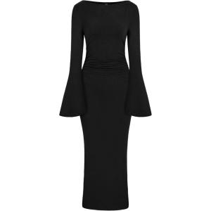 imagePRETTYGARDEN Womens Bodycon Maxi Dress Fall Fashion 2025 Long Bell Sleeve Ruched Fitted Elegant Cocktail Party Slit DressesBlack