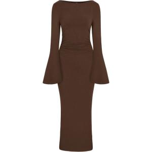 imagePRETTYGARDEN Womens Bodycon Maxi Dress Fall Fashion 2025 Long Bell Sleeve Ruched Fitted Elegant Cocktail Party Slit DressesBrown