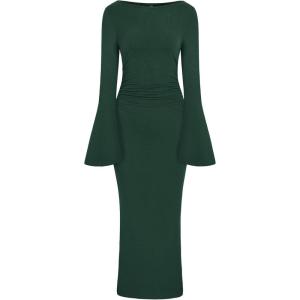 imagePRETTYGARDEN Womens Bodycon Maxi Dress Fall Fashion 2025 Long Bell Sleeve Ruched Fitted Elegant Cocktail Party Slit DressesDark Green
