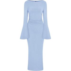 imagePRETTYGARDEN Womens Bodycon Maxi Dress Fall Fashion 2025 Long Bell Sleeve Ruched Fitted Elegant Cocktail Party Slit DressesLight Blue