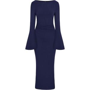 imagePRETTYGARDEN Womens Bodycon Maxi Dress Fall Fashion 2025 Long Bell Sleeve Ruched Fitted Elegant Cocktail Party Slit DressesNavy Blue
