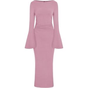 imagePRETTYGARDEN Womens Bodycon Maxi Dress Fall Fashion 2025 Long Bell Sleeve Ruched Fitted Elegant Cocktail Party Slit DressesPink
