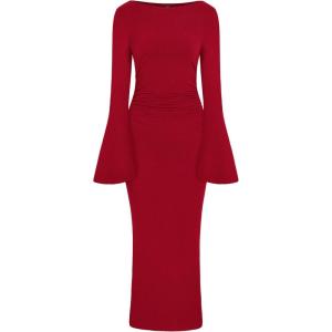 imagePRETTYGARDEN Womens Bodycon Maxi Dress Fall Fashion 2025 Long Bell Sleeve Ruched Fitted Elegant Cocktail Party Slit DressesRed