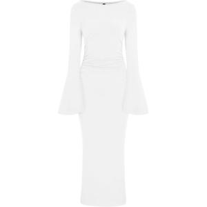 imagePRETTYGARDEN Womens Bodycon Maxi Dress Fall Fashion 2025 Long Bell Sleeve Ruched Fitted Elegant Cocktail Party Slit DressesWhite