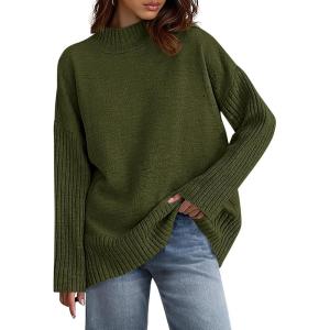 imagePRETTYGARDEN Womens Fall Casual Long Sleeve Tops 2025 Loose Mock Neck Drop Shoulder Knit Going Out Pullover SweatersArmy Green
