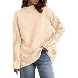 imagePRETTYGARDEN Womens Fall Casual Long Sleeve Tops 2025 Loose Mock Neck Drop Shoulder Knit Going Out Pullover SweatersBeige