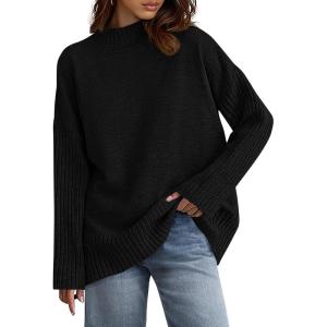 imagePRETTYGARDEN Womens Fall Casual Long Sleeve Tops 2025 Loose Mock Neck Drop Shoulder Knit Going Out Pullover SweatersBlack