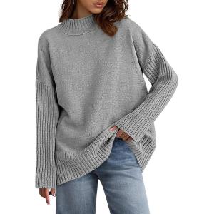 imagePRETTYGARDEN Womens Fall Casual Long Sleeve Tops 2025 Loose Mock Neck Drop Shoulder Knit Going Out Pullover SweatersGrey