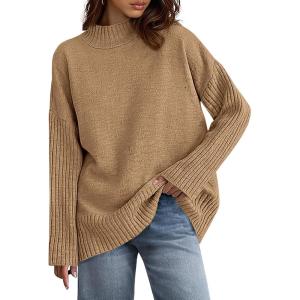imagePRETTYGARDEN Womens Fall Casual Long Sleeve Tops 2025 Loose Mock Neck Drop Shoulder Knit Going Out Pullover SweatersKhaki