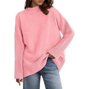 imagePRETTYGARDEN Womens Fall Casual Long Sleeve Tops 2025 Loose Mock Neck Drop Shoulder Knit Going Out Pullover SweatersPink