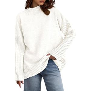 imagePRETTYGARDEN Womens Fall Casual Long Sleeve Tops 2025 Loose Mock Neck Drop Shoulder Knit Going Out Pullover SweatersWhite