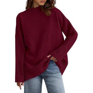 imagePRETTYGARDEN Womens Fall Casual Long Sleeve Tops 2025 Loose Mock Neck Drop Shoulder Knit Going Out Pullover SweatersWine Red