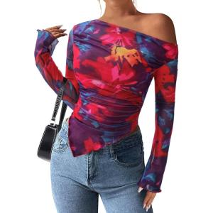 imagePRETTYGARDEN Womens Fall Trendy Off Shoulder Y2k Tops 2025 Tie Dye Mesh Long Sleeve Shirts Asymmetrical Ruched Floral BlouseFloral Navy Red