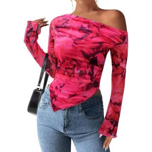 imagePRETTYGARDEN Womens Fall Trendy Off Shoulder Y2k Tops 2025 Tie Dye Mesh Long Sleeve Shirts Asymmetrical Ruched Floral BlouseFloral Rose Red