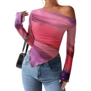 imagePRETTYGARDEN Womens Fall Trendy Off Shoulder Y2k Tops 2025 Tie Dye Mesh Long Sleeve Shirts Asymmetrical Ruched Floral BlouseMulticolour Print