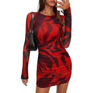 imagePRETTYGARDEN Womens Mini Dress Fall Outfits 2025 Trendy Tie Dye Print Long Sleeve Homecoming Club Party Bodycon DressesBlack Red Flower