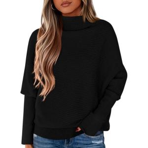 imagePRETTYGARDEN Womens Sweaters Fall Fashion 2025 Casual Loose Turtleneck Batwing Long Sleeve Knit Sweater Pullover TopsBlack