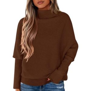 imagePRETTYGARDEN Womens Sweaters Fall Fashion 2025 Casual Loose Turtleneck Batwing Long Sleeve Knit Sweater Pullover TopsBrown