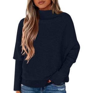 imagePRETTYGARDEN Womens Sweaters Fall Fashion 2025 Casual Loose Turtleneck Batwing Long Sleeve Knit Sweater Pullover TopsNavy