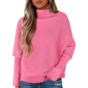 imagePRETTYGARDEN Womens Sweaters Fall Fashion 2025 Casual Loose Turtleneck Batwing Long Sleeve Knit Sweater Pullover TopsPink