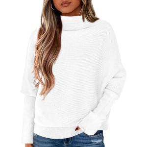 imagePRETTYGARDEN Womens Sweaters Fall Fashion 2025 Casual Loose Turtleneck Batwing Long Sleeve Knit Sweater Pullover TopsWhite