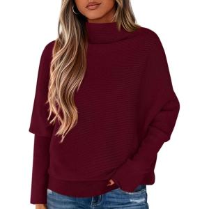 imagePRETTYGARDEN Womens Sweaters Fall Fashion 2025 Casual Loose Turtleneck Batwing Long Sleeve Knit Sweater Pullover TopsWine Red
