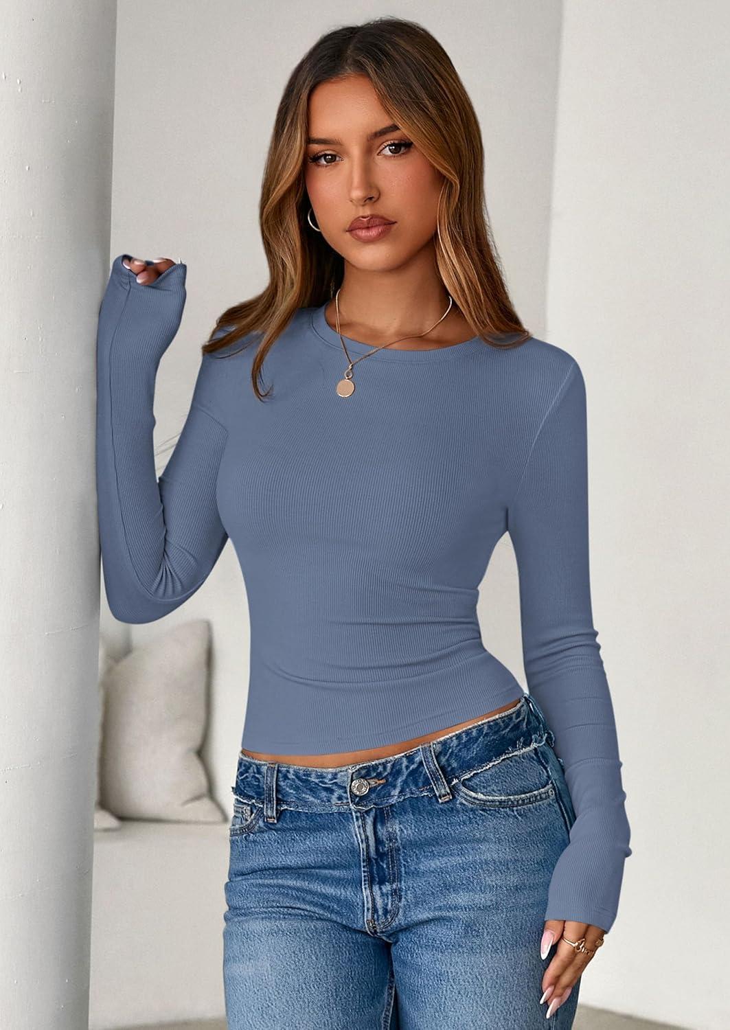 imagePRETTYGARDEN Women 2025 Summer Fall Long Sleeve Shirts Ribbed Crewneck Fitted Basic Tee Going Out Tops Casual Workout OutfitsLight Dusty Blue