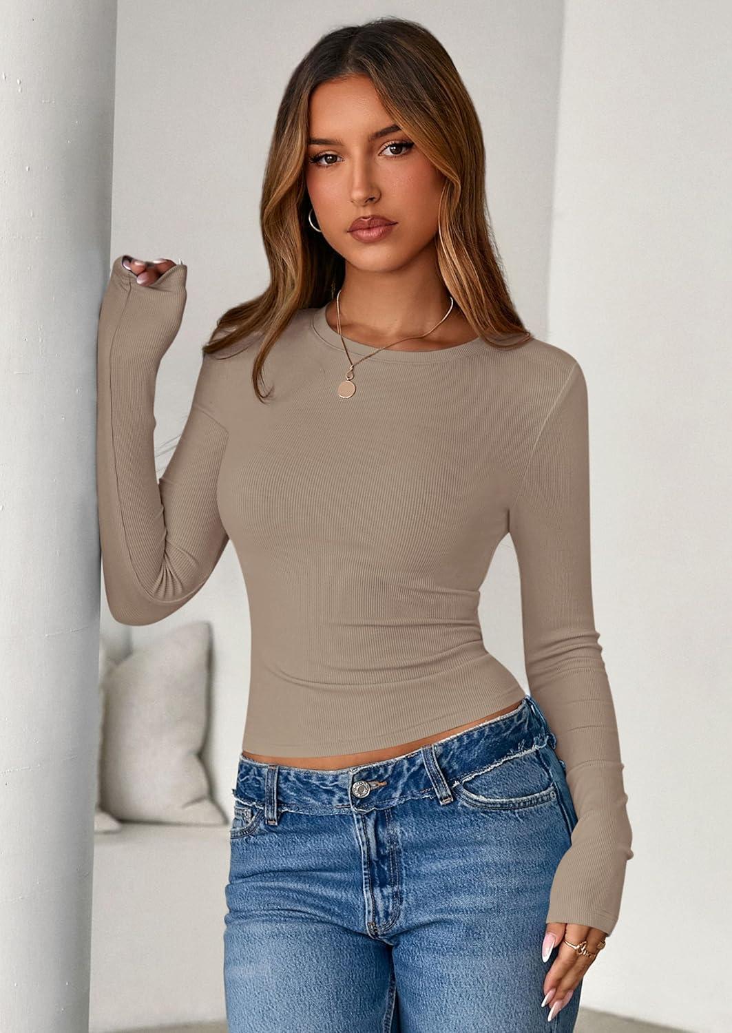 imagePRETTYGARDEN Women 2025 Summer Fall Long Sleeve Shirts Ribbed Crewneck Fitted Basic Tee Going Out Tops Casual Workout OutfitsLight Khaki