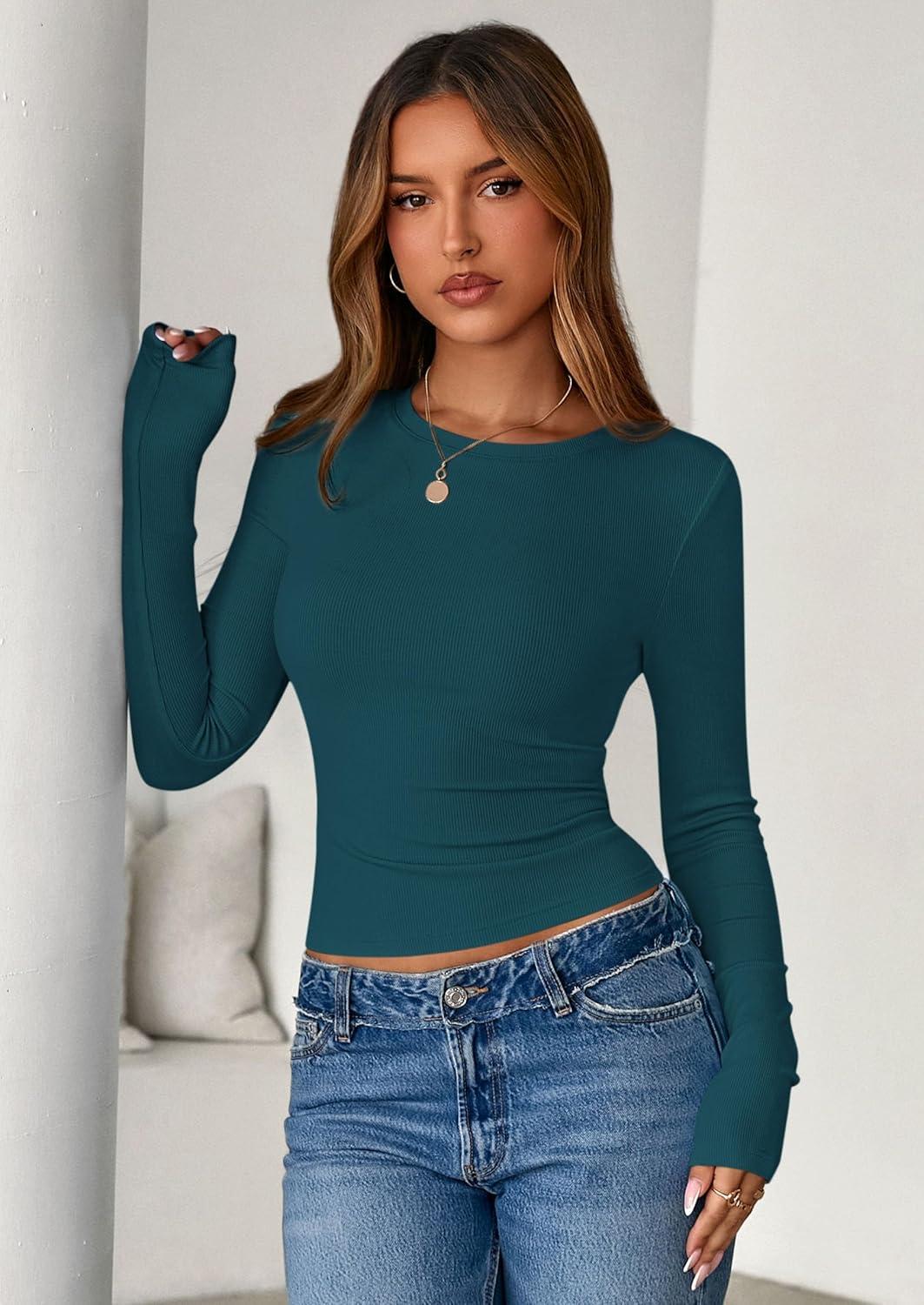 imagePRETTYGARDEN Women 2025 Summer Fall Long Sleeve Shirts Ribbed Crewneck Fitted Basic Tee Going Out Tops Casual Workout OutfitsPeacock Blue