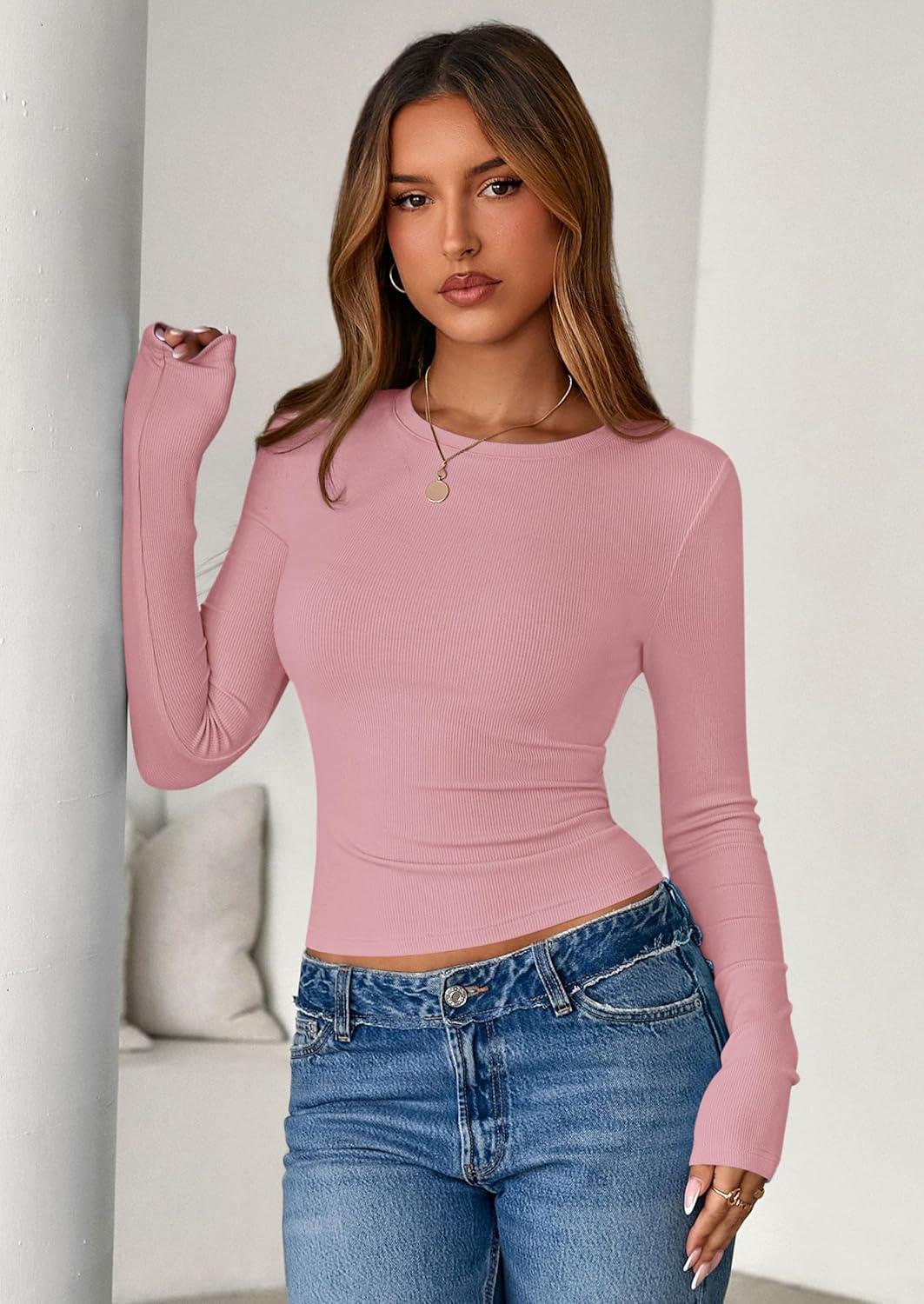 imagePRETTYGARDEN Women 2025 Summer Fall Long Sleeve Shirts Ribbed Crewneck Fitted Basic Tee Going Out Tops Casual Workout OutfitsPink