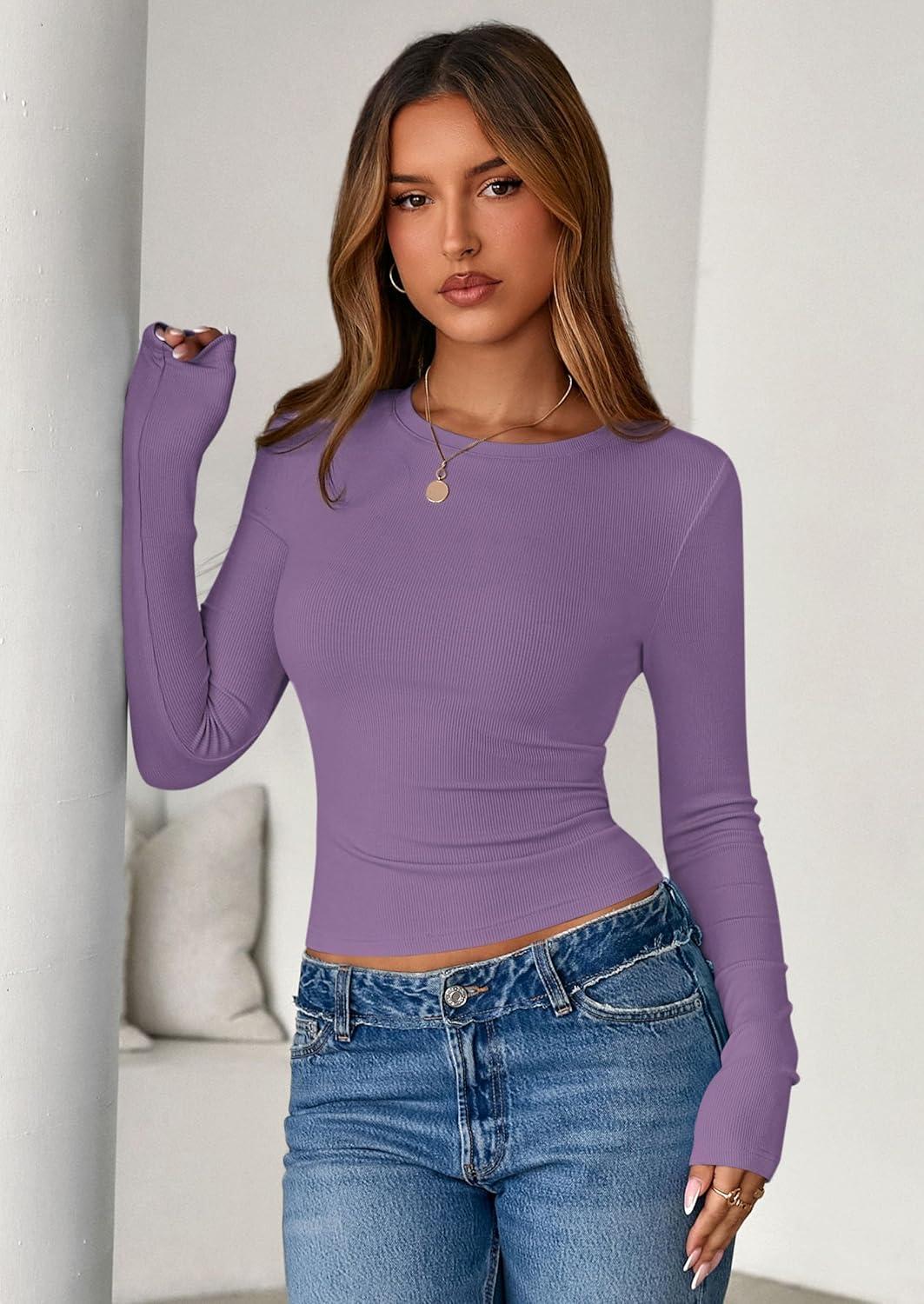 imagePRETTYGARDEN Women 2025 Summer Fall Long Sleeve Shirts Ribbed Crewneck Fitted Basic Tee Going Out Tops Casual Workout OutfitsPurple