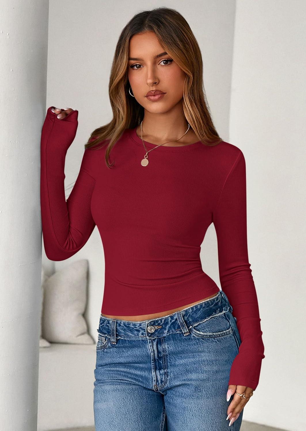 imagePRETTYGARDEN Women 2025 Summer Fall Long Sleeve Shirts Ribbed Crewneck Fitted Basic Tee Going Out Tops Casual Workout OutfitsRed
