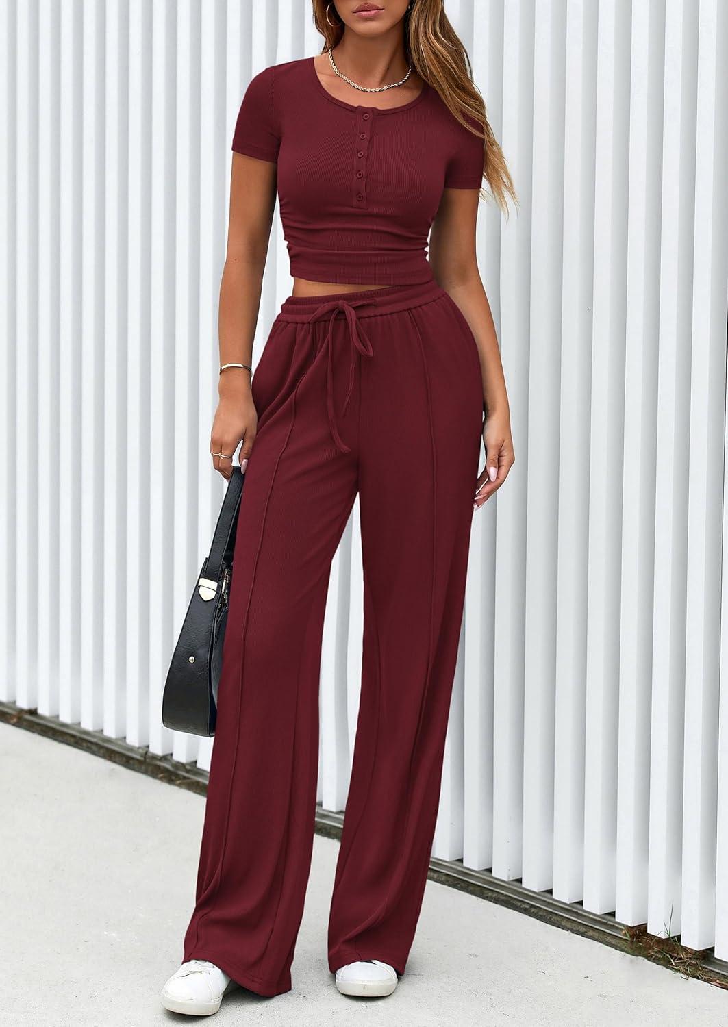 imagePRETTYGARDEN Womens 2 Piece Outfits Summer 2025 Ribbed Knit Button Short Sleeve Tops Casual Wide Leg Pants Lounge SetsWine Red